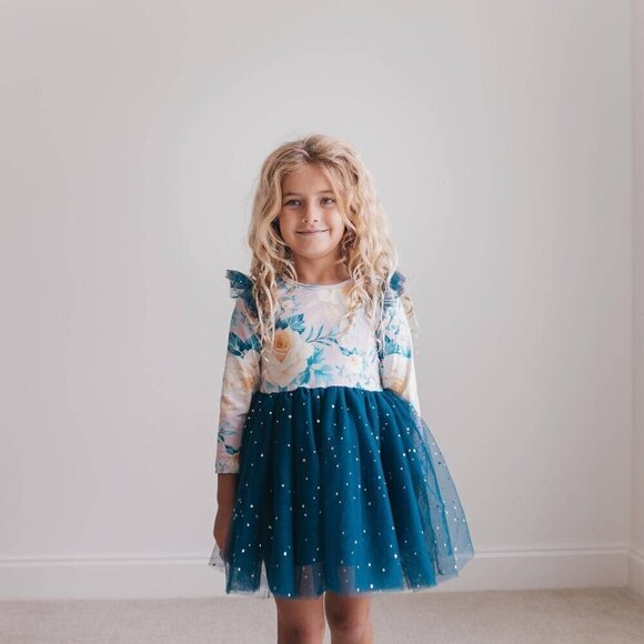 Blue Floral Print Sparkle Tulle Dress - Picture 9 of 10